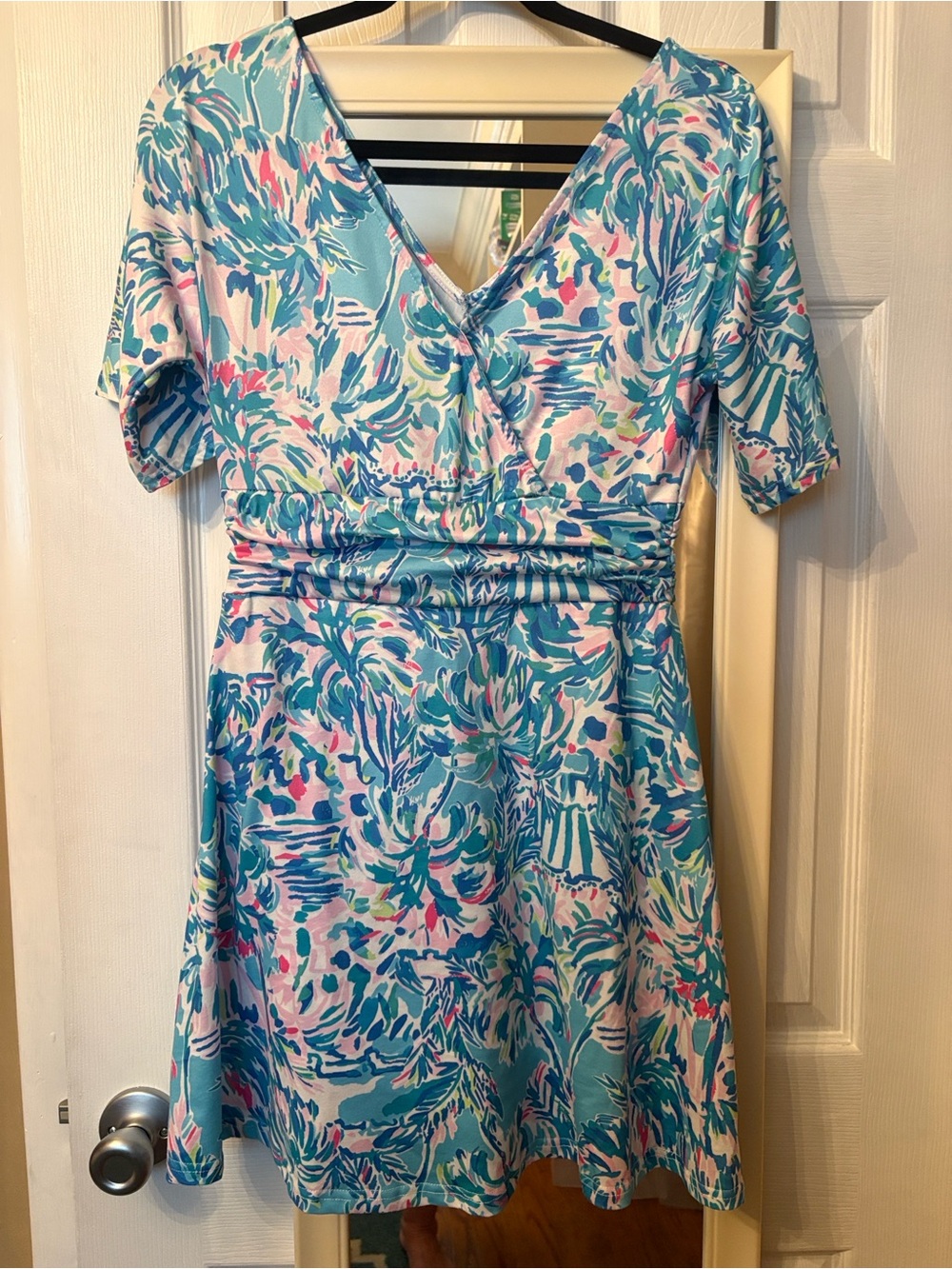 Women's V‑Neck Floral Print Dress in Aqua and Pink